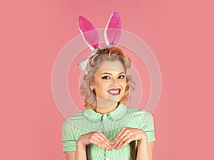 Easter pinup woman, girl in rabbit ears. Funny easter concept.