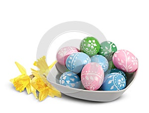 Easter plate with Easter eggs on wnite background