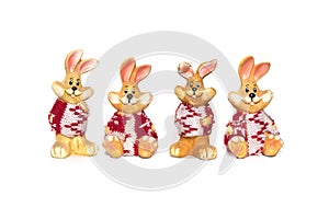 Easter porcelain four cute rabbits on white background