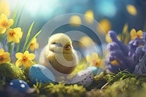 Easter postcard with chick, blurred spring background
