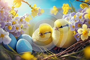 Easter postcard with chick, blurred spring background