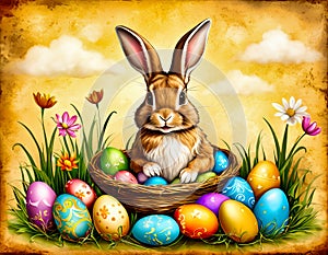 Easter Postcard - A classic and iconic representation of Easter - The Easter rabbit, the wicker basket and the Easter eggs