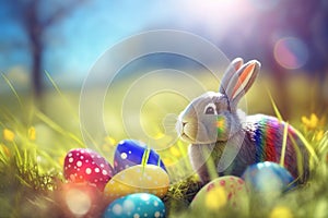 Easter postcard with rabbit, blurred spring background