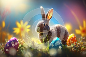 Easter postcard with rabbit, blurred spring background