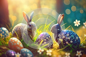 Easter postcard with rabbit, blurred spring background