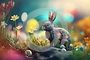 Easter postcard with rabbit, blurred spring background