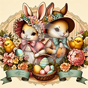 Easter postcard, vintage style, for greetings with a cute bunny, chick and decorated Easter eggs on it