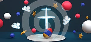 Easter poster and banner, Happy Easter  Armenia. Background with a cross, stars and balls. Egg colors flag Armenia. 3D work and 3D