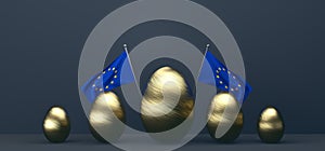 Easter poster and banner, Happy Easter Europe. Background with gold eggs and flag Europe. 3D work and 3D image. copy space