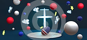 Easter poster and banner, Happy Easter USA. Background with a cross, stars and balls. Egg colors flag USA. 3D work and 3D image.