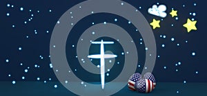 Easter poster and banner, Happy Easter USA. Background with a cross, stars and balls. Egg colors flag USA. 3D work and 3D image.