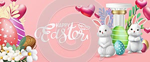 Easter poster and banner template with Easter eggs in the nest on background.Greetings and presents for Easter Day in flat lay
