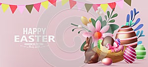 Easter poster and banner template with Easter eggs in the nest on background.Greetings and presents for Easter Day in flat lay