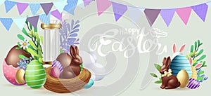 Easter poster and banner template with Easter eggs in the nest on background.Greetings and presents for Easter Day in flat lay