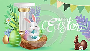 Easter poster and banner template with Easter eggs in the nest on background.Greetings and presents for Easter Day in flat lay