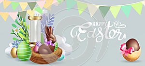 Easter poster and banner template with Easter eggs in the nest on background.Greetings and presents for Easter Day in flat lay