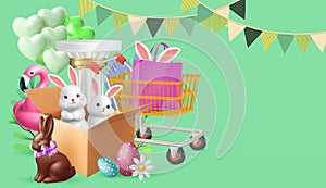 Easter poster and banner template with Easter eggs in the nest on background.Greetings and presents for Easter Day in flat lay