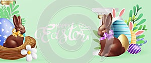 Easter poster and banner template with Easter eggs in the nest on background.Greetings and presents for Easter Day in flat lay