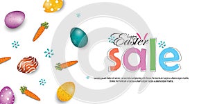 Easter poster and banner template with Fowler, carrots and Easter eggs in the nest on white background. Promotion and shopping