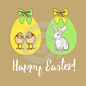 Easter poster with chiken, bunny and eggs