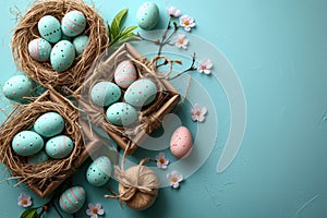 Easter poster template with eggs in nest on light blue background