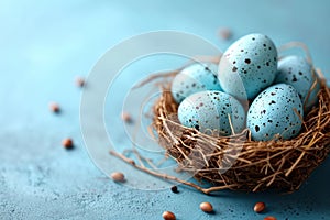 Easter poster template with eggs in nest on light blue background