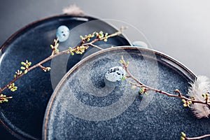 Easter pottery decoration. Close up of dishes with eggs, feathers and spring branches. Ceramic plates on grey