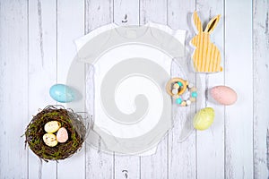 Easter product mockup with farmhouse theme on white wood background.