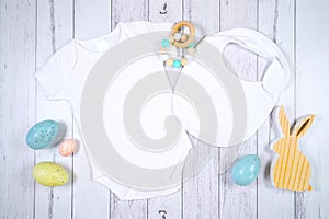 Easter product mockup with farmhouse theme on white wood background.