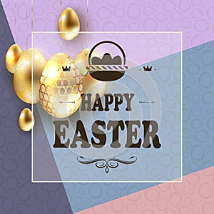Easter purple composition with golden eggs on pendants and a transparent frame,