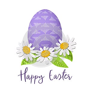 Easter purple egg and daisy wreath. Decorated festive egg with simple abstract ornaments