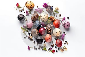 Easter quail eggs and springtime flowers over white background. Spring holidays concept with copy space. Top view.