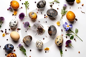 Easter quail eggs and springtime flowers over white background. Spring holidays concept with copy space. Top view.