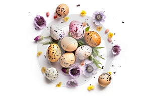 Easter quail eggs and springtime flowers over white background. Spring holidays concept with copy space. Top view.