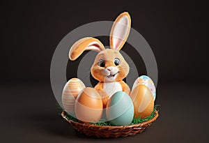 Easter rabbit in a basket surrounded by colored eggs, Easter bunny.