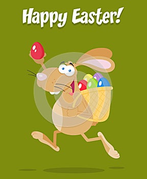 Easter Rabbit Cartoon Character Running With A Basket And Egg