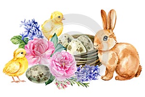 Easter rabbit, chick and nest with flowers, baby animal on isolated background. Watercolor hand drawn illustration