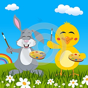 Easter Rabbit & Chick Painters & Rainbow