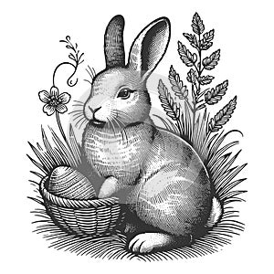 Easter Rabbit with Eggs Flowers Engraving raster