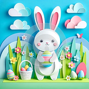 Easter Rabbit with eggs in paper craft style