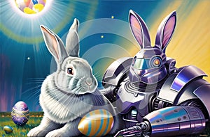 Cute Easter bunny Robot in unique Landscapes. Happy easter day. Cute bunny AI Generated