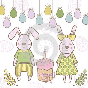 Easter rabbit family with Easter egg. Vector illustration isolated.