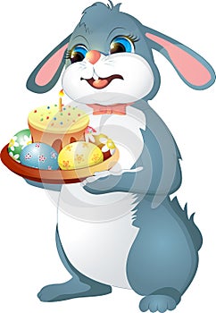 Easter rabbit holds cake.