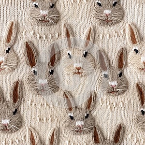 Easter Rabbit, knitted seamless pattern, farmhouse style. Ai generated