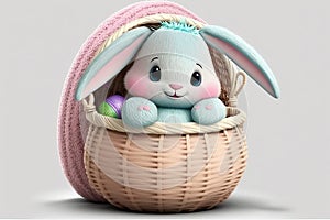 Easter rabbit looking out of a wicker basket, full of colored Easter eggs in pastel tones, greeting card, artificial intelligence
