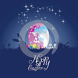 Easter rabbit moon colored egg blue background