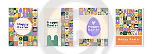 Easter rabbit. Spring holiday poster. Bunny icon, pattern geometric egg, modern geometric design, card graphic, abstract