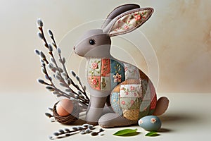 Easter rabbit in the style of a patchwork and a twig of a flowering willow and Easter eggs.