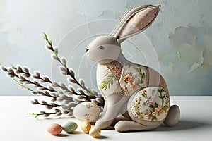 Easter rabbit in the style of a patchwork and a twig of a flowering willow and Easter eggs.