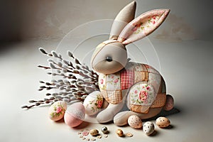 Easter rabbit in the style of a patchwork and a twig of a flowering willow and Easter eggs.